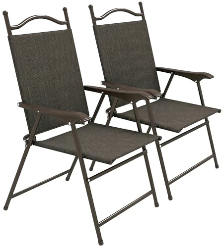 Outsunny Folding Chairs Set of 2, Garden Chair with Armrest Dark Brown | Breathable Mesh Fabric Seat, for Adults