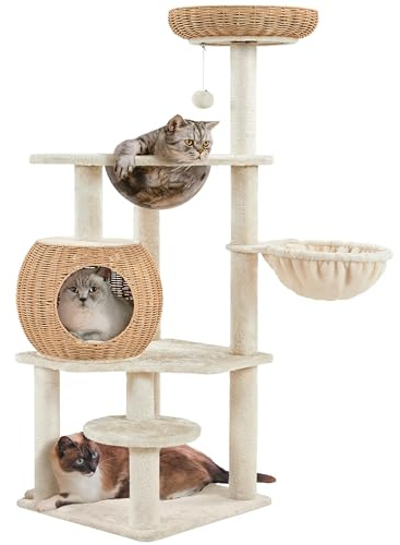 Yaheetech 137.5 cm Rattan Cat Tree for Indoor Cats with Acrylic Clear Bowl | Wicker Modern Cat Tower, Wicker Condo, Detachable Cushions, Cat Scratching Posts, FSC-certified