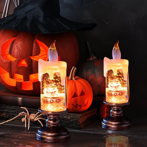 Halloween Deko, Schneekugel in Led Kerzen Form, Flammenlose Elektrische Teelichter, Batteriebetrieben, Beleuchtet, Wirbelndes Wasser, glitzernde, für die Halloween-Feier, Party (A, 2 Stück)