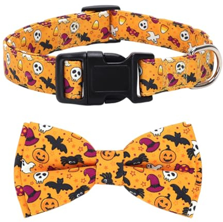 JEKUGOT Halloween Dog Collar, with Halloween Dog Bow, Adjustable Dog Collars for Small Medium Large Dogs,Durable Adjustable and Comfortable Collar (Yellow-S)