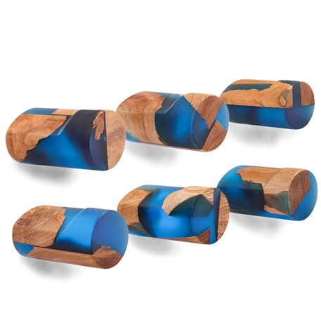Loongresinwood Resin Wooden Wall Mounted Hooks - Pack of 6 - Modern - Handmade Decorative Wood Pegs Minimalist for Hanging Hats Towels Robe Clothes Keys Bags, Adhesive or Wall Mounted(Blue)