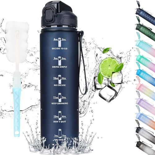 CodiCile Gourde Sport 1l avec paille,bouteille d'eau de motivation avec Marqueur de Temps,bouteille d'eau étanche avec couvercle sans BPA pour sport, gym, bureau, course à pied, bleu foncé