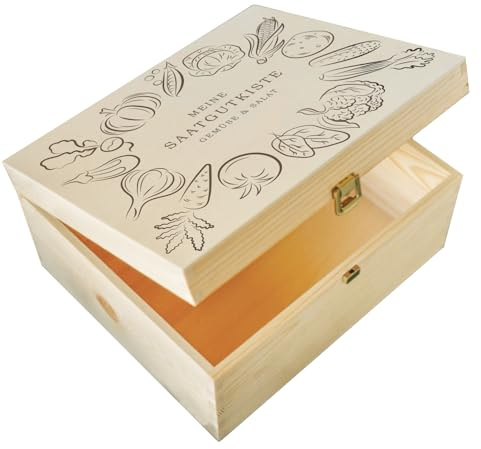 MrTKBooker Saatgutbox Holz graviert | Samen Box Gemüse mit Aussaat & Erntekalender | personalisierbar (Einfach|Personal)