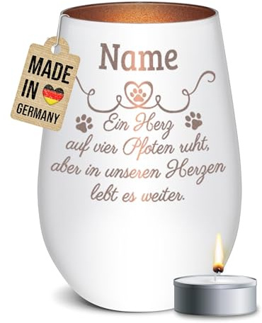 PR Print Royal Trauer Windlicht mit Gravur für Tiere - Herz auf Vier Pfoten - mit Name - Erinnerungslicht, Gedenklicht, Trauergeschenk | inkl. Teelicht, 450 ml, Weiß/Bronze