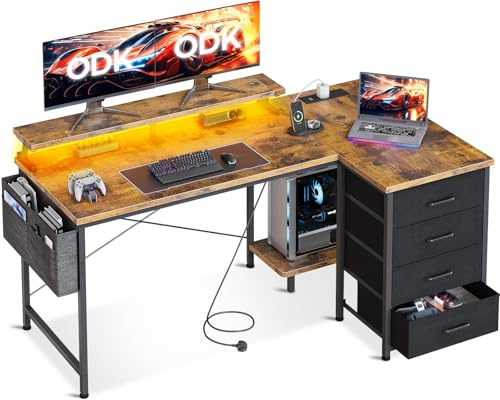 ODK L Shaped Gaming Desk with LED Lights & Power Outlets, 140x80cm Corner Computer Desk with Drawers, Reversible Gaming Table with Monitor Shelf & PC Stand, Rustic Brown