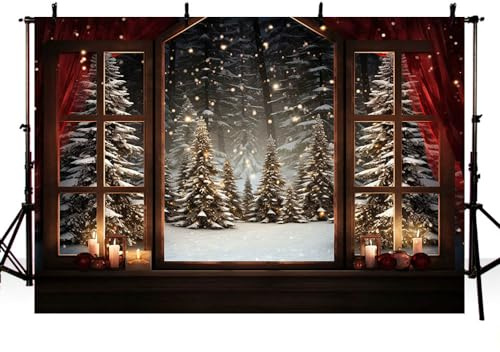 AIBIIN Toile de fond pour fenêtre de Noël, forêt enneigée, arbre de Noël, toile de fond pour photographie de famille, portrait, décoration photo, accessoires photo, 2,4 x 1,8 m