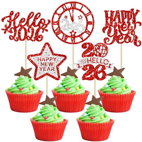 Gyufise Cupcake-Topper Happy New Year 2025, Hello 2025, Cupcake-Picks, Cheers to 2025, Mitternachtsuhr, Feuerwerk, Hello 2025, Kuchendekorationen für 2025, Happy New Year Eve Partyzubehör, Rot, 30