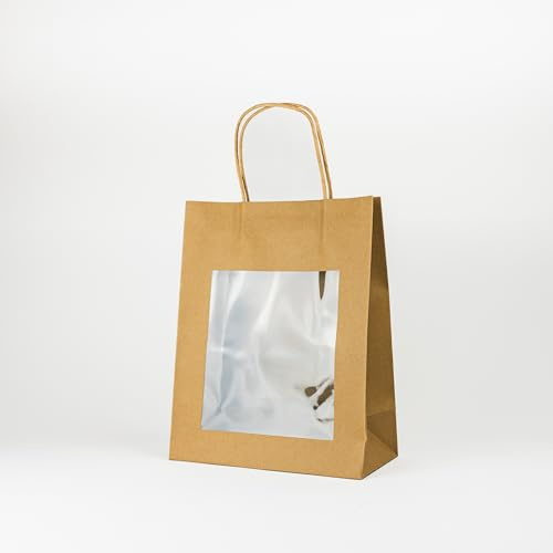 12 Stk. Papiertragetaschen Kraftpapier natur mit Sichtfenster groß – 220x110x280 mm – Geschenkverpackung für Flaschen und Gläser (Braun groß)