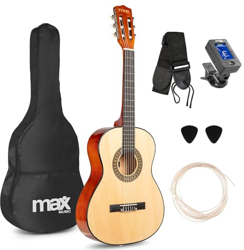 MAX SoloArt Junior 3/4 Starter Acoustic Guitar Kit - Natural Wood Childrens Beginner Guitar with Bag, Strap & Plectrums, Childrens Wooden Beginner Acoustic Instrument