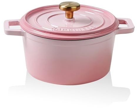 Pentola da forno olandese con coperchio, in ghisa smaltata antiaderente da 1,5 l, con doppi manici, pentola da cucina per stufati, arrosti, cottura al forno, sicura su tutti i piani cottura (rosa)
