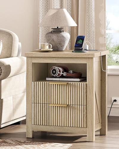 CHOEZON Nightstand with Charging Station, Fluted End Table 2 Drawers, Farmhouse Nightstands with Fluted Panel, Engineered Wood Side Table for Bedroom Sunwashed Ash Oak MBZ06USO