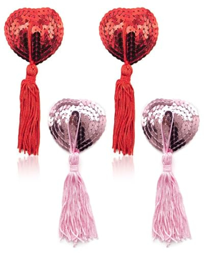 BARRU 2 Paires Cache Tétons Auto-Adhésif, Housse Mamelon Autocollante avec Franges Réutilisable Femmes Sexy Sequin Frange Coeur sous-Vêtements Femmes Buste Crème,pour Accessoire De Fête De Couple