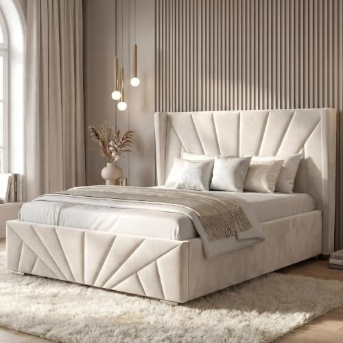 Blisswood Double Ottoman Bed Frame – Upholstered 4ft6 Large Storage Space bed with Headboard, Gas Lift-Up, Wooden Slats Base, Velvet Finish for Bedroom or Guest Room (135x190cm Beige_No Mattress)