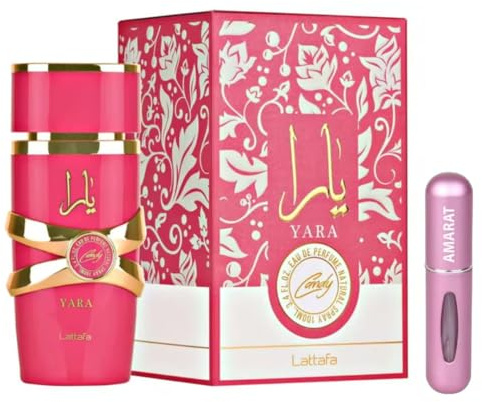 Perfume Yara Candy Original 100ML, Perfume Árabe para Mujer de Larga Duración, EDP Importado de Dubái, Incluye Atomizador 5ML, Fragancia Dulce con Notas de Frutas y Vainilla (Yara Candy)