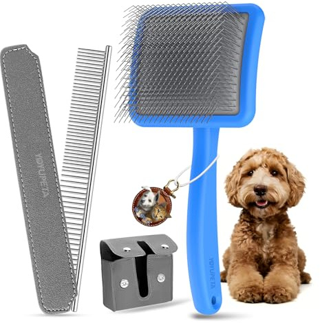 YOYUPETA Zupfbürste & Hundebürste für Hund & Katze (Langhaar) – Profi Fellkamm, 25mm Pins & PU-Leder Etui – Löst Unterwolle, Knoten & Filz – Für Golden Retriever, Havaneser, Maine Coon – Blau
