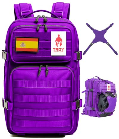 TROY HELMET BAGS Mochila táctica militar con porta casco para moto, patinete eléctrico, seguridad, patines, boxeo, escalada, bicicleta, esquí, snowboard, equitación. Bolsa crossfit gimnasio. (Lila)