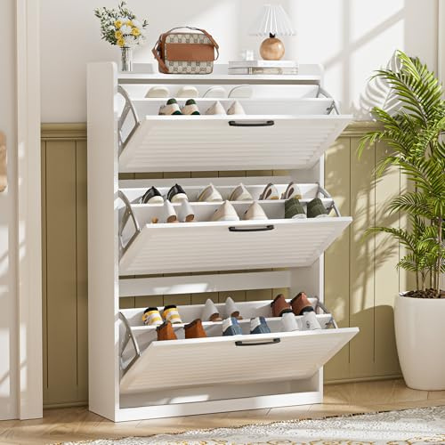 BonVache Meuble à Chaussures étroit, Armoire basculante avec Porte à persiennes, Meuble avec 3 abattants et 6 étagères réglables, Rangement Chaussures en Bois pour entrée, 80x24x120 cm, Blanc