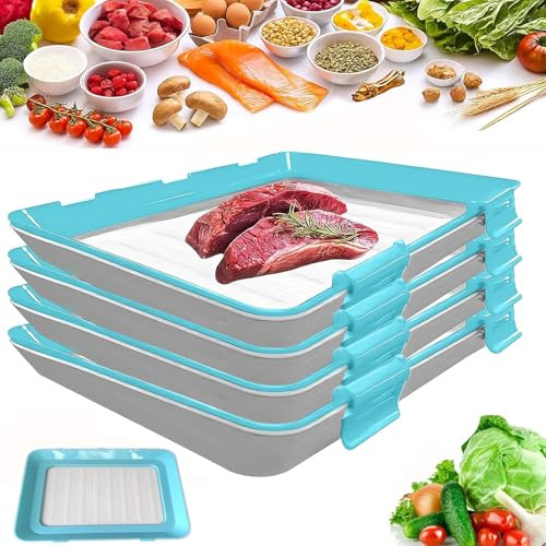 4PCS Stretch Fresh Storage Trays,Reusable Food Tray with Buckle,12x8.6 Stackable Cold Meat Containers,Silicone Food Storage Containers,Vacuum Fresh Storage Tray for Meat Vegetable Fruit (blue)