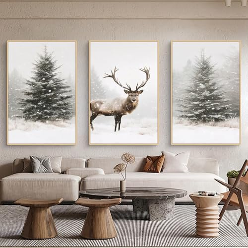 Xiyocadt 3-teiliges Poster Set Winter Leinwanddrucke Wandkunst Schnee,Hirsch Leinwand für Schlafzimmer Wohnzimmer Badezimmer Flur Weihn chten Ohne Rahme (50x70cm)