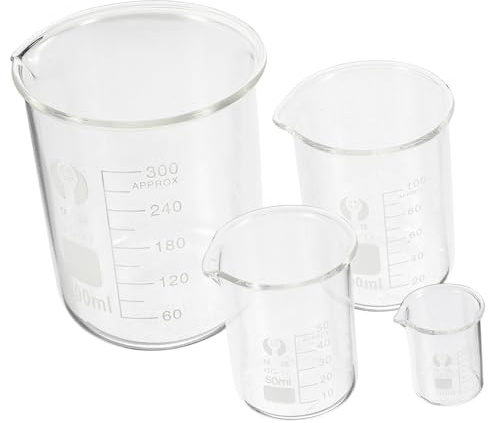 SOLUSTRE 4pcs Borosilicate Glass Beaker Set with Spout for Accurate Measurement Heat Resistant Laboratory Glassware for Chemistry Experiments Includes Measuring Cups