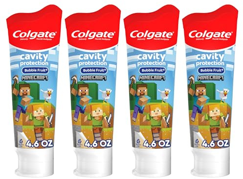 Colgate Minecraft Kids Toothpaste with Fluoride, Minecraft Toothpaste with Mild Bubble Fruit Flavor, For Children Ages 2 and Older, Helps Protect Against Cavities and Strengthens Teeth, 4.6 oz, 4 Pack