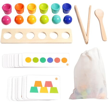 Color Sorting Toy - Fine Motor Activity Educational Game | Wooden Cups & Balls Set With Clips, Small Spoons And Cards For Preschool Boys And Girls, Home, Cr