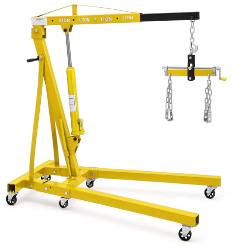 Aptliton 2 Ton Engine Hoist, Folding Cherry Picker Engine Hoist with Lever and 6 Casters, Heavy Duty Hydraulic Shop Crane, Engine Crane Lifter for Workshops Garage Warehouse, Yellow
