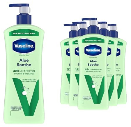 Vaseline Intensive Care Body Lotion Aloe Soothe 6 Pack, Deeply Moisturising Body Moisturiser for Dry Skin, With Aloe Vera and Micro Droplets of Vaseline Jelly, Fast Absorbing Formula, 600 ml