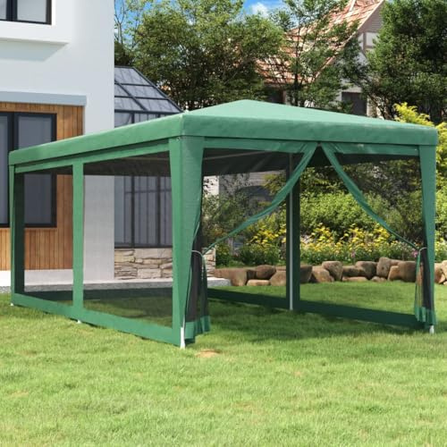 Gazebo da giardino con 6 pareti laterali in rete, verde, 3 x 6 m, HDPE, per giardino e terrazza