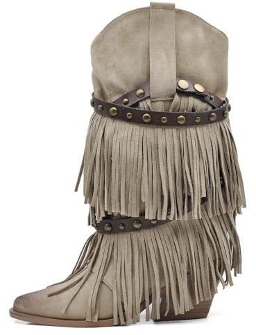IF Stivali Texani da Donna Western Cowboy Cowgirl in Camoscio Sintetico con Borchie e Frange Rimovibili a 3 Strati Tacco Medio Stile Camperos GA053 Beige N.38