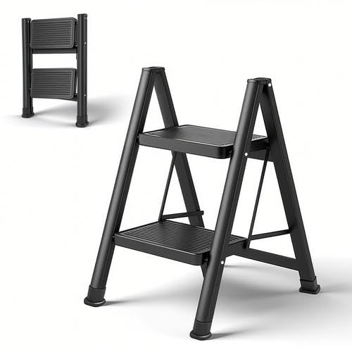 Victoam Marchepied pliable à 2 marches avec support sûr, pédale élargie, échelle pliante en aluminium, multifonction, charge maximale 150 kg, pour cuisine, maison, extérieur, bureau, noir