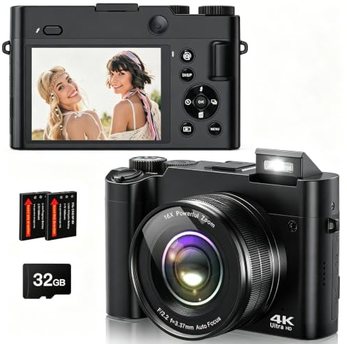 Cámara Digital 4K de 64 MP con Enfoque automático, cámara de vlogging compacta para Fotos y Selfies, con Pantalla LCD de 3 Pulgadas, Zoom de 16x, estabilización de Imagen y Flash, Incluye Tarjeta de