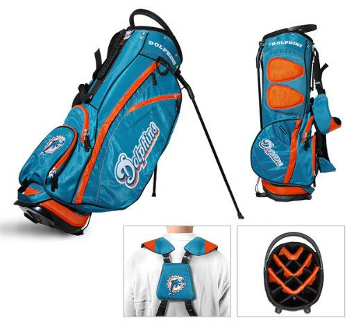 Team Golf NFL Miami Dolphins Fairway Golf Stand Bag Fairway Golf Stand Bag, Lightweight, 14-way Top, Spring Action Stand, Insulated Cooler Pocket, Padded Strap, Umbrella Holder & Removable Rain Hood