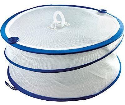 Jalousiescout Abdeckhaube Fliegenhaube Lebensmittel Insektenschutzhaube, Faltbar, Ø 30 cm, Netzfarbe Weiß, Spannfederummantelung Blau, 2 Stück
