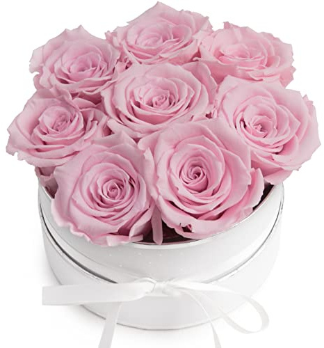 Rosenbox rosa rund Infinity Rosen - Flowerbox 8 echte Rosen haltbar 3 Jahre Durchmesser 15 cm - Geschenk für Frauen (Weiß-Rosa)