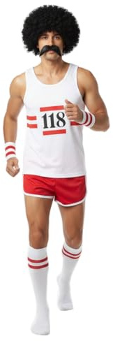 RIDDLED WITH STYLE 118 Set für Damen und Herren, Marathon-Kostüm, ärmellos, Weste, Shorts, Tash, Socken und Perücke, Set für Uni, Größe S bis XL