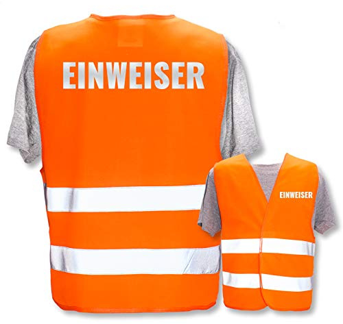 Bedruckte Warnwesten mit ISO-Leuchtstreifen * Standard- oder Reflex-Druck * Thema Sicherheit & Team, Warnweste Begriffe Security:Einweiser (Reflektierend), Farbe + Größe:Orange (XL/XXL)