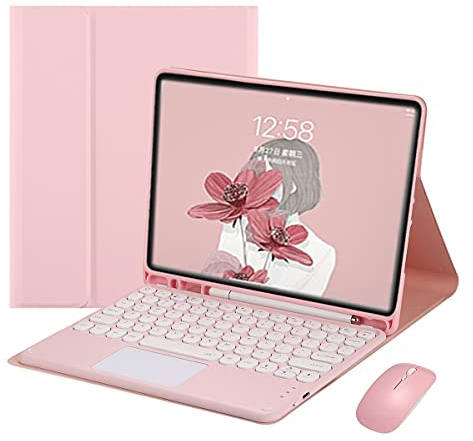 HENGHUI Keyboard Case Mouse for iPad 6th/5th Generation 9.7, Air ＆ Air 2, iPad Pro 9.7 inch Case with Cute Round Key Detachable Bluetooth TouchPad Color Keyboard (Pink)