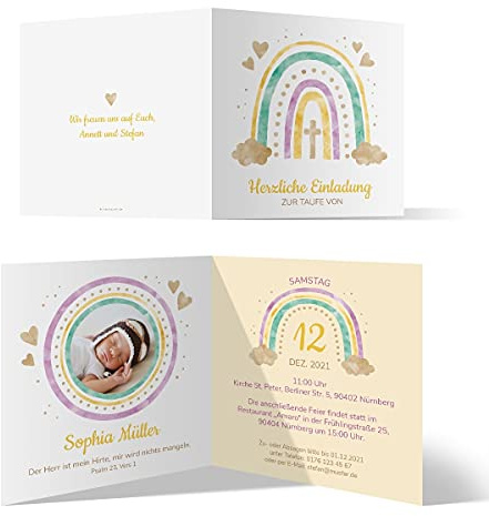 10 x Einladungskarten zur Taufe - Text und Foto einfach individuell selbst gestalten Quadrat Klappkarten für Mädchen oder Jungen - Regenbogen Tor