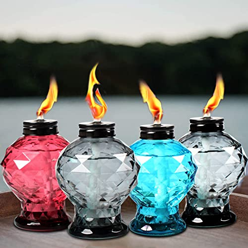 Tewei 4 Pack Glass Table Top Light Torches for Outside, Easy to Refill Glass Citronella Torches Outdoor Lanterns, Wick and Cap Included Torch for Garden Patio Yard Party