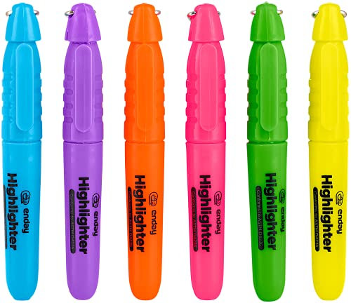 Enday Highlighter blandade färger, mini färgade överstrykningspennor mejselspets, mössa med klämma och nyckelring, fluorescerande gul, grön, röd, blå, orange, lila
