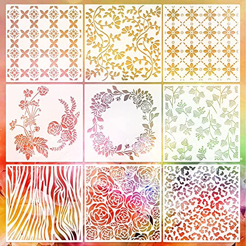 VETPW 9 Stück Blumen Schablone, Groß Zeichnungen Schablonen für Scrapbooking, Zeichnen, Holzverbrennung, 20x20CM Vintage Blatt Tier Wandschablone