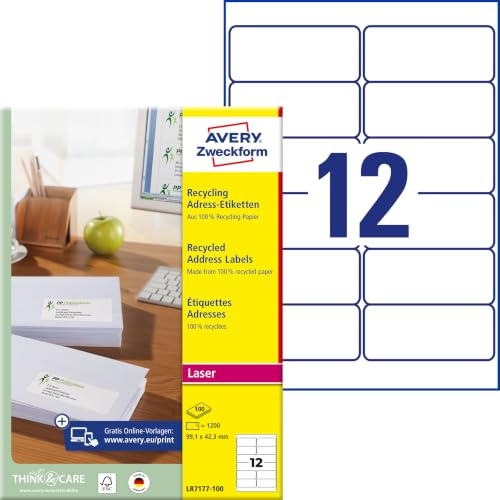 AVERY Zweckform LR7177-100 Recycling Etiketten (1.200 Adressaufkleber, 99,1x42,3mm auf A4, 100% recyceltes Altpapier, bedruckbar, selbstklebend, für DIN lang Briefkuverts) 100 Blatt, naturweiß