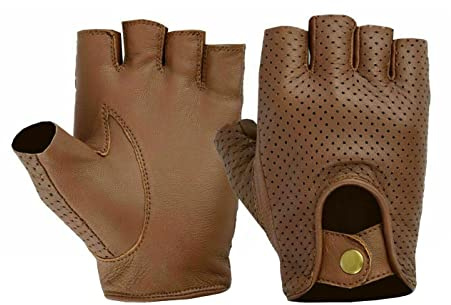Swift Wear Mens Driving Leather Half Finger Fingerless Gloves Biker Cycling Wheelchair Motorcycle Gym Gloves (M, Tan)