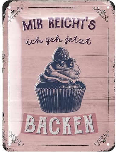 LANOLU Retro Blechschild Mir reichts ich geh backen - Dekoration zum Thema Kuchen, Torte und Plätzchen - vintage Metallschild mit Spruch in Shabby Chic als Wanddeko Küche, 15x20cm