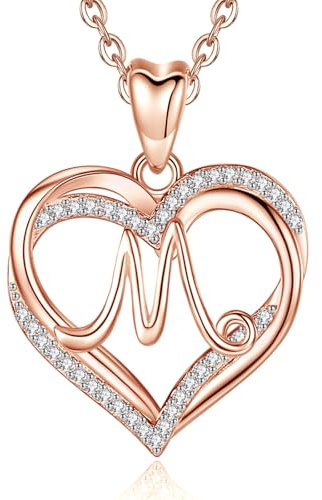 INFUSEU Collar Oro Rosa, Letra Para Las Mujeres M Inicial del Corazón Colgante Sin Collar de Circonio Cúbico de Joyería de Cumpleaños Romántico Para Ella, 20 Pulgadas De La Cadena