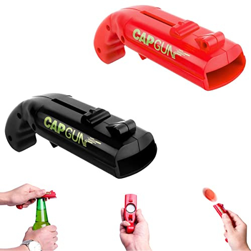 Abrebotellas Pistola 2 Piezas, Cap Gun Abrebotellas,Abridor de Botellas de Cerveza,Dispara más de 5 Metros,para fiestas en casa, barbacoa al aire libre, juego creativo, regalo divertido (rojo y negro)