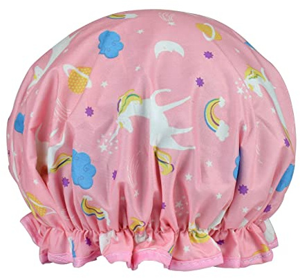1 Packung Duschhaube für Frauen, öldichte Kappen, doppellagig, wasserdicht, wiederverwendbar, Badekappen mit gerüschtem Rand, für Mädchen, Frauen, Damen, Kinder (rosa Einhorn)