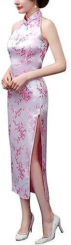 Women's Backless Halterneck Sleeveless Chinese Cheongsam Mandarin Collar Side Split Long Qipao Outfit (20-Plum Pink, M)