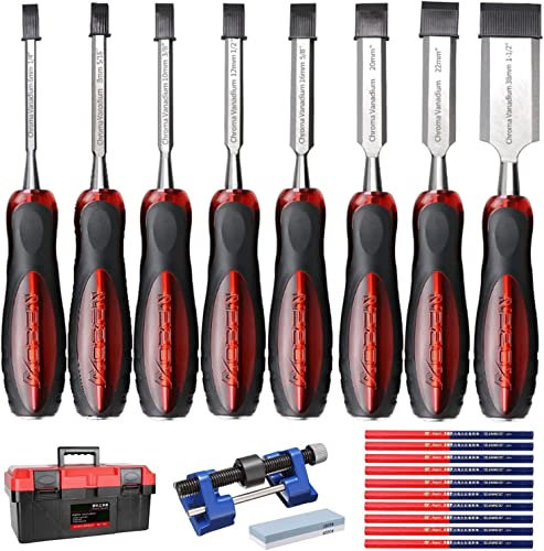 Set di scalpelli per Legno Scalpelli per Intaglio del Legno Robuste Lame in Lega CR-V trattate termicamente Strumenti con 8 Strumenti per scalpelli per Legno, Guida per levigatura, Pietra per affila